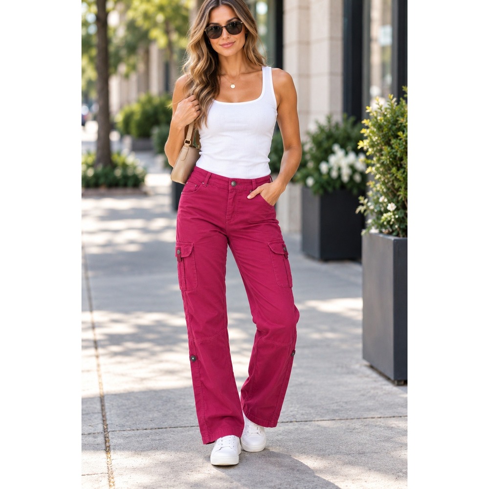 KUHL Womens Cargo Hiking Pants Magenta Pink Roll Tab Straight Leg Size 8 Reg